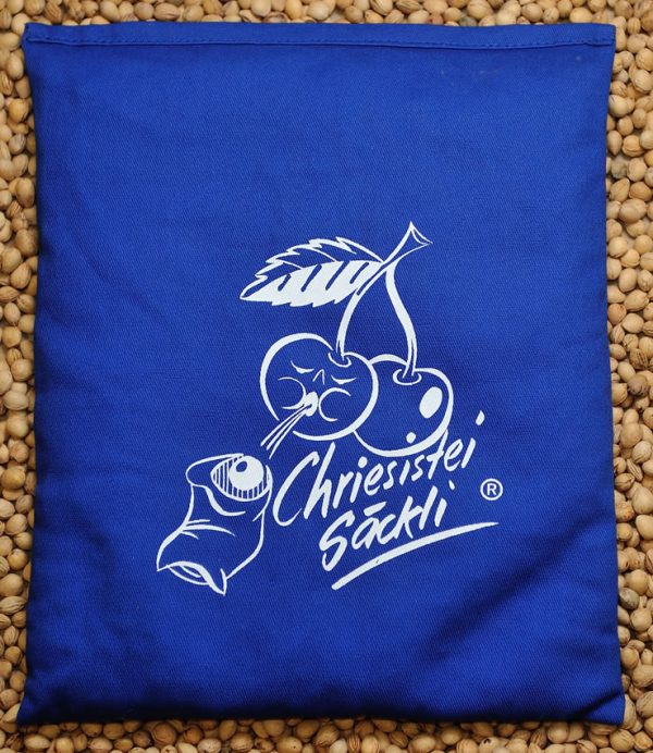 Kirschensteinkissen blau mit Chriesistei Logo